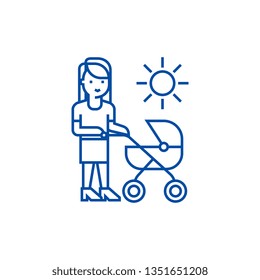 Mother with baby stroller line icon concept. Mother with baby stroller flat  vector symbol, sign, outline illustration.