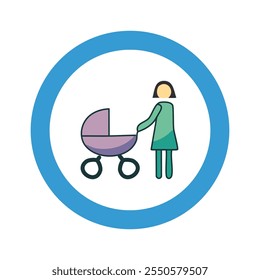 Mother with baby stroller. Line icon. Vector Illustration.