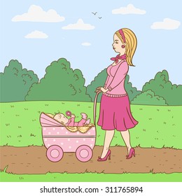 Mother with baby in stroller on walk. Vector illustration