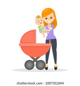Mother and baby in stroller on white.