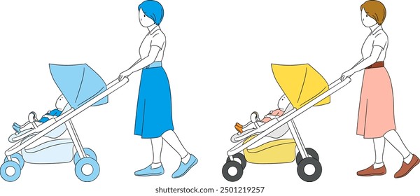 Mother with baby in stroller, seen from the side