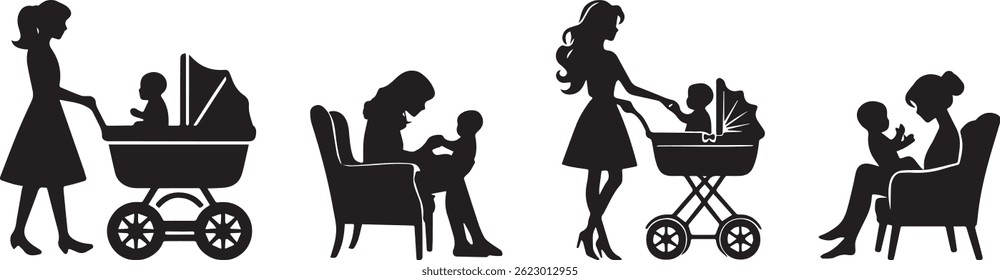 Mother with baby stroller silhouette black filled vector Illustration icon