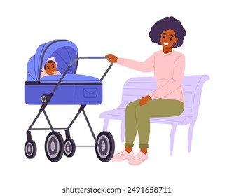 Mother with baby stroller sitting on bench. Mom resting in park with cute newborn baby in pushchair flat vector illustration. Cartoon mother with carriage