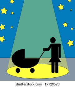 mother with baby stroller in the spotlight
