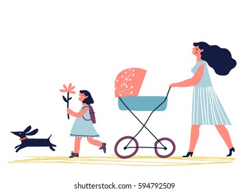 Mother With Baby In Stroller. Young Mother With Baby Carriage Walking With Dog And Child. Creative Vector Illustration.