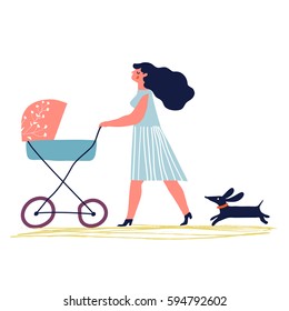 Mother with baby in stroller. Young mother with baby carriage walking with dog. Creative vector illustration.