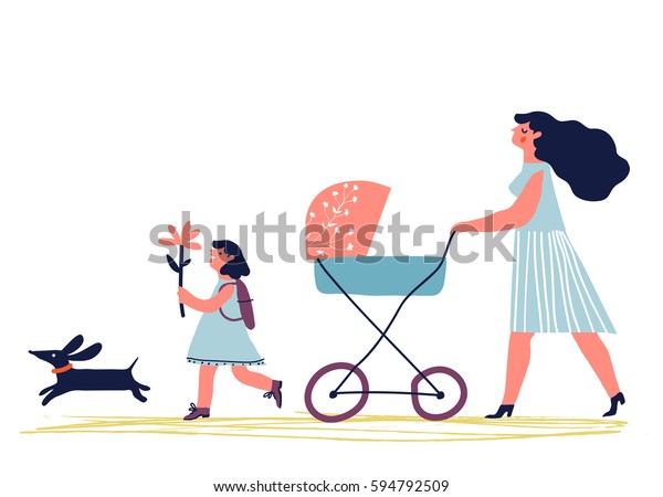ベビーカーに赤ちゃんを乗せたお母さん 犬と子どもを連れて歩く赤ちゃん車を持つ若い母親 クリエイティブなベクターイラスト のベクター画像素材 ロイヤリティフリー