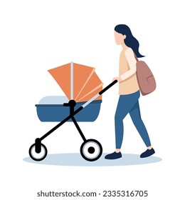 Mother with baby stroller. young mother character strolling newborn baby in pram isolated on white background. 