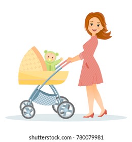 Mother with baby in stroller.Isolated on white background. Cartoon style. Vector illustration