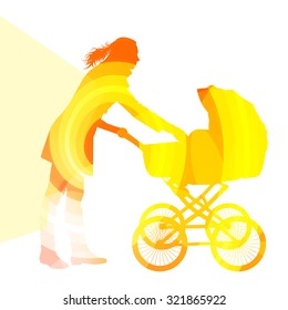 Mother with baby strollers, carriage walking woman silhouette illustration vector background colorful concept made of transparent curved shapes