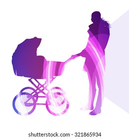 Mother with baby strollers, carriage walking woman silhouette illustration vector background colorful concept made of transparent curved shapes