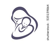 mother and baby stylized vector symbol, mom hugs her child logo template