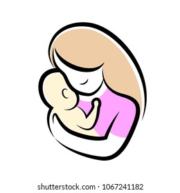 mother and baby stylized vector symbol. Mom hugs her child icon design. Happy mother's day concept, illustration isolated on white background.