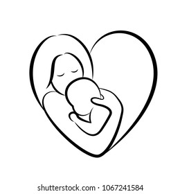 mother and baby stylized vector symbol in heart shape. Mom hugs her child icon design. Happy mother's day concept, illustration isolated on white background.