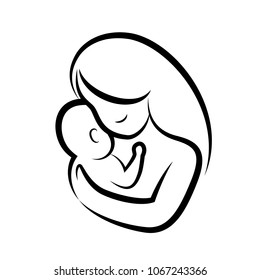 mother and baby stylized vector symbol. Mom hugs her child icon design. Happy mother's day concept, illustration isolated on white background.