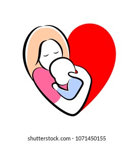 mother and baby stylized vector symbol in heart shape. Mom hugs her child icon design. Happy mother's day concept, illustration isolated on white background.