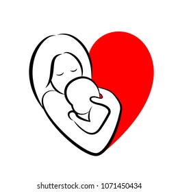 mother and baby stylized vector symbol in heart shape. Mom hugs her child icon design. Happy mother's day concept, illustration isolated on white background.