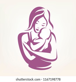 mother and baby stylized vector symbol, childcare logo template