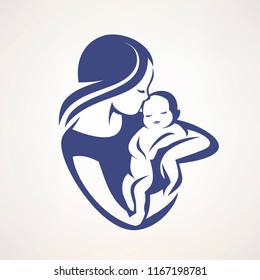 Mother And Baby Stylized Vector Symbol, Mom Kiss Her Child Logo Template