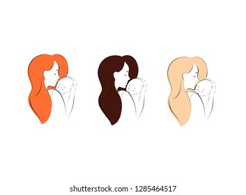 mother and baby stylized vector symbol, mom hugs her child logo template