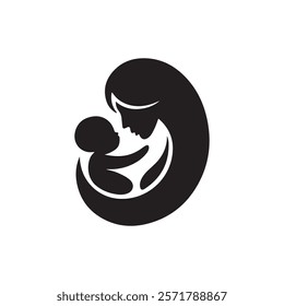 Mother and baby stylized vector symbol, mother hugging child silhouette vectors on white background 