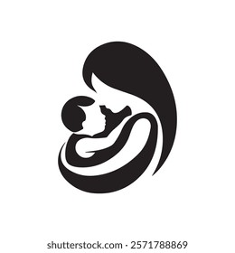 Mother and baby stylized vector symbol, mother hugging child silhouette vectors on white background 