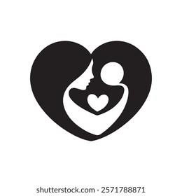 Mother and baby stylized vector symbol, mother hugging child silhouette vectors on white background 