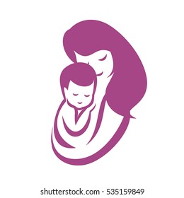 mother and baby stylized vector symbol, mom hugs her child logo