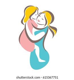 mother and baby stylized vector symbol, mom hugs her child logo template