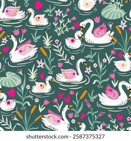 Mother and Baby Swan Love Vector Seamless Pattern