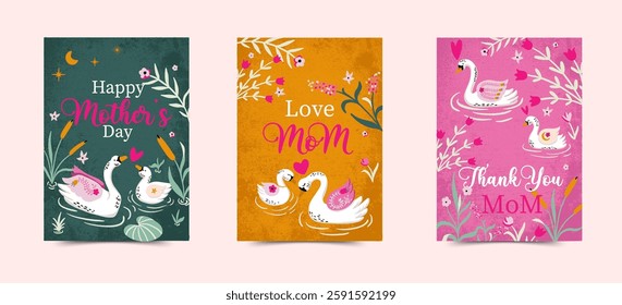 Mother and Baby Swan Mother's Dar Vector Card Set