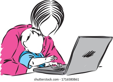 mother with baby tapping keyboard computer laptop vector illustration