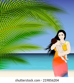 Mother and baby tropical vector illustration with palm tree leaves