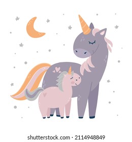 unicornios de madres y bebés decorados con estrellas de luna y de fondo blanco. Bien para tarjetas de la madre, ducha de bebé y decoración de cumpleaños, impresiones, carteles de la guardería, ropa infantil, pegatinas, etc. EPS 10