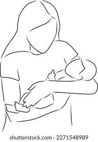 Mother and baby, vector. Hand drawn sketch. A woman is holding a small child in her arms.