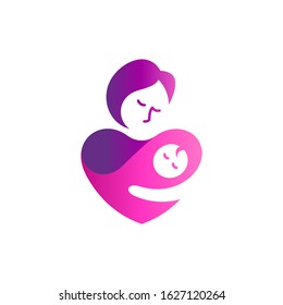 Mother and baby vector logo design. Mom holds the baby in the shape of a heart, mother love and baby care icon