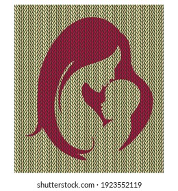 Mother And Baby Vector Symbol. Mom Hugs Her Child Isolated On Knitted Background. Mother And Child