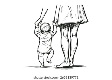  Mother and baby walking together ink sketch vector illustration