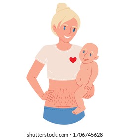 Mother and baby. A woman holds a baby in her arms. Stretch marks on the stomach. Mother's love. Cesarean section scar. Vector illustration.
 On a white background.