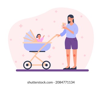 Mother with baby. Woman walks with children. Mom offers her daughter teddy bear toy. Parents spend time with their kid. Baby stroller, care and love, family. Cartoon flat vector illustration