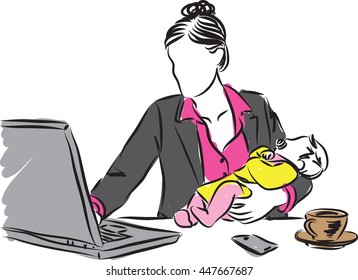 mother with baby working from home illustration