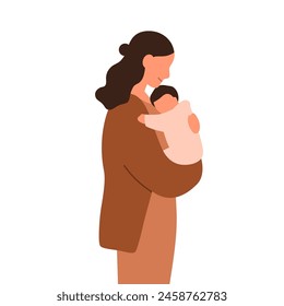 Mother and baby. Young woman mom holding newborn child in arms. Female carrying, hugging infant kid in hands. Childbirth, motherhood, maternity. Flat vector illustration isolated on white background