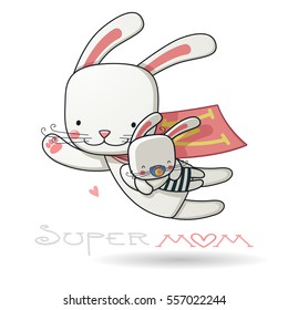 mother with baby, for your design Mother's day greeting card, cartoon character, Super Mom hero, color vector illustration