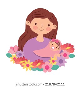 mother with baby in yours arms between flowers . vector illustration
