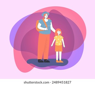 Mother with backpack and daughter going to visit grandparents. Welcome home, happy grandchild flat vector illustration. Family, love concept