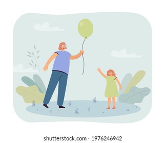 Mother with balloon for daughter. Cartoon woman holding balloon and girl walking in park flat vector illustration. Family, parenting, childhood concept for banner, website design or landing web page