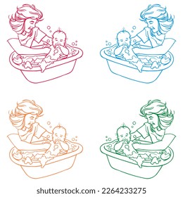 Mother Bathes The Baby In The Bath Vector Illustration
