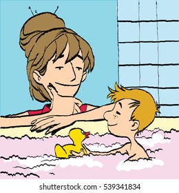mother bathing baby in the bath water. Cleanliness and hygiene