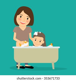 Mother bathing baby girl. Happy family time together. Vector illustration.  