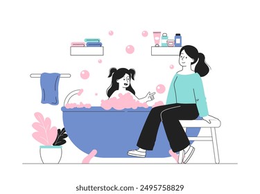 Mother bathing daughter. Woman with little girl in bathroom in soap. Cleanliness and hygiene. Mom wash infant girl. Cute baby in bath. Linear vector illustration isolated on white background